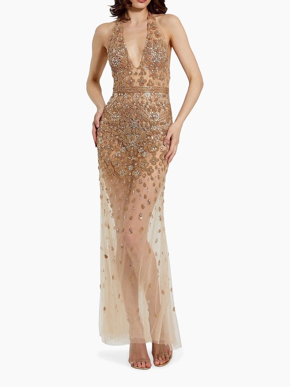 Mac Duggal Ieena Halterneck Embellished Sheer Gown